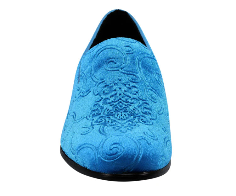 Men’s Blue Velvet Tuxedo Shoes – Bryant Embossed Paisley Slip‑On Dress Loafers