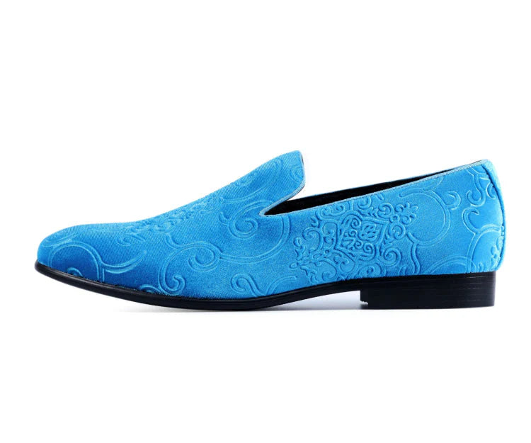Men’s Blue Velvet Tuxedo Shoes – Bryant Embossed Paisley Slip‑On Dress Loafers