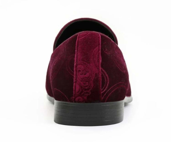 Men’s Burgundy Velvet Tuxedo Shoes – Bryant Embossed Paisley Slip‑On Dress Loafers