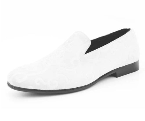 White Tuxedo Shoes for men—velvet smoking slippers with paisley embossing and satin accents. Stylish, comfortable, and ideal for any formal event.