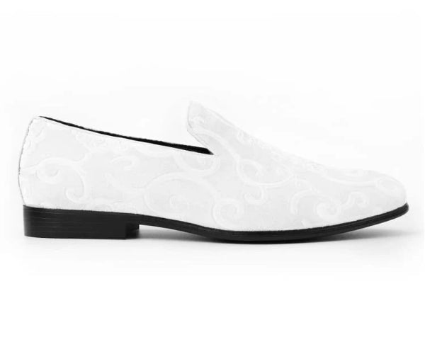 White Tuxedo Shoes for men—velvet smoking slippers with paisley embossing and satin accents. Stylish, comfortable, and ideal for any formal event.