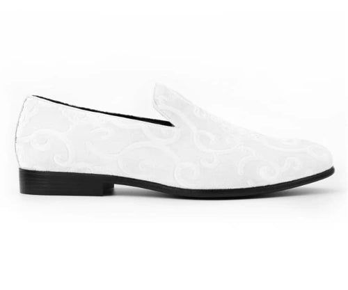 White Tuxedo Shoes for men—velvet smoking slippers with paisley embossing and satin accents. Stylish, comfortable, and ideal for any formal event.