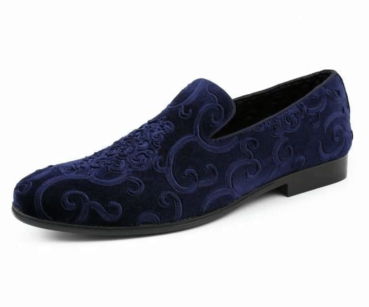 Men’s Navy Velvet Tuxedo Shoes – Bryant Embossed Paisley Slip‑On Dress Loafers