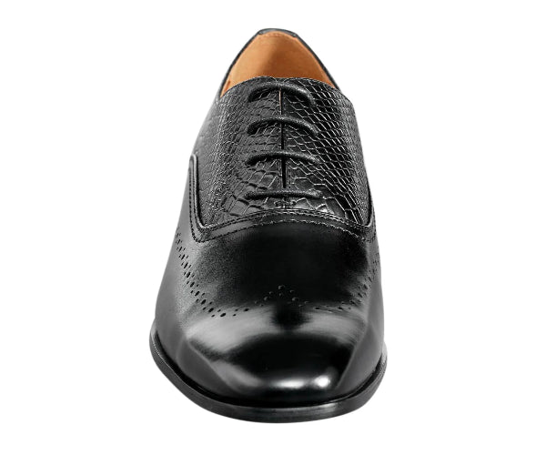 Black leather dress shoe on a white background