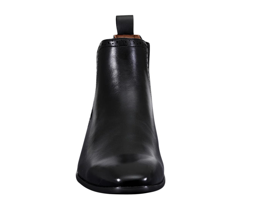 Black leather boot on a white background