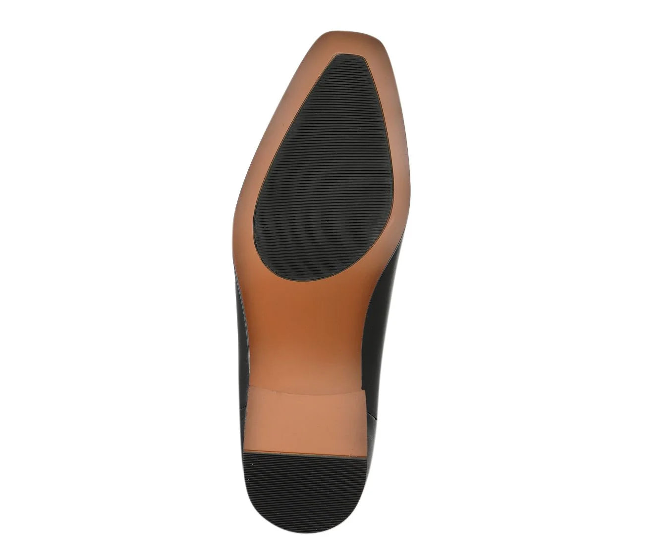 Close-up of a shoe sole with brown leather and black rubber on a white background