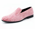 Bryant pink Tuxedo Shoes for men. Velvet smoking slippers with embossed paisley and satin trim for standout elegance at any formal occasion.