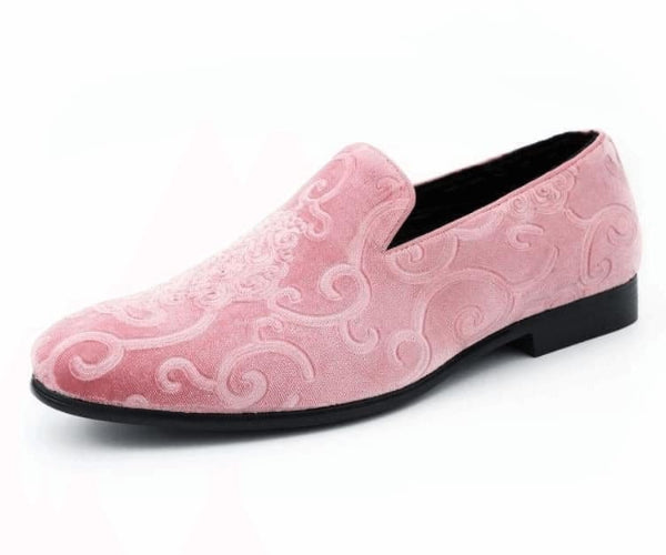 Bryant pink Tuxedo Shoes for men. Velvet smoking slippers with embossed paisley and satin trim for standout elegance at any formal occasion.