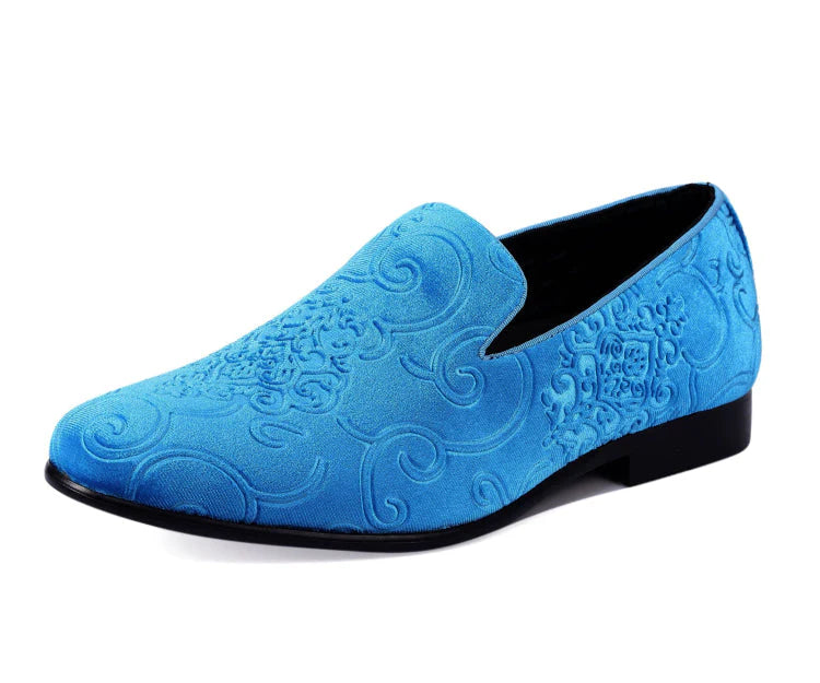 Men’s Blue Velvet Tuxedo Shoes – Bryant Embossed Paisley Slip‑On Dress Loafers