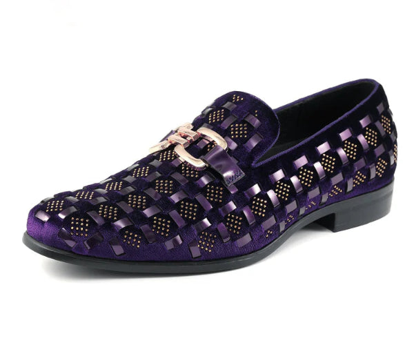 Purple loafer with woven pattern and gold accents on a white background