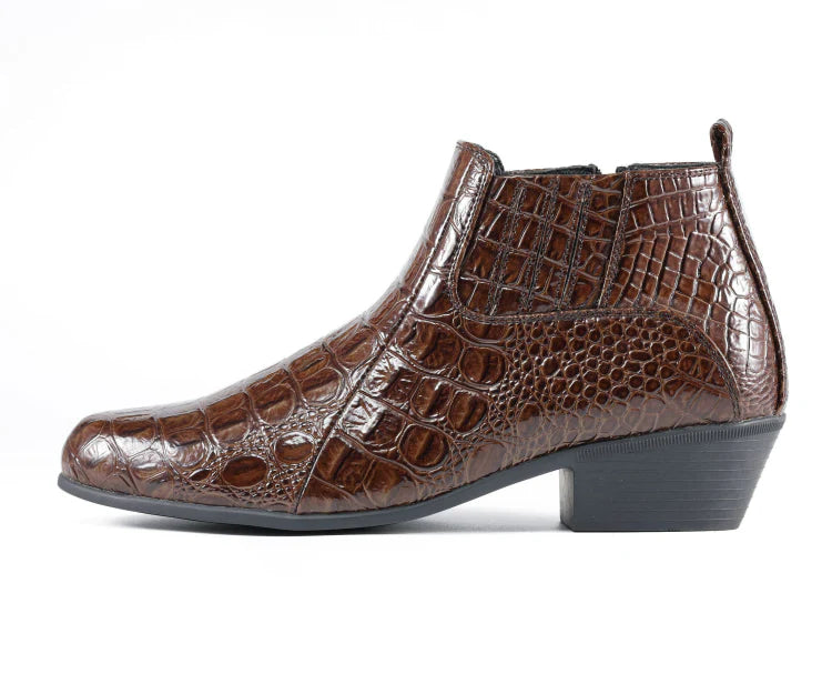 Brown crocodile-patterned ankle boot on a white background