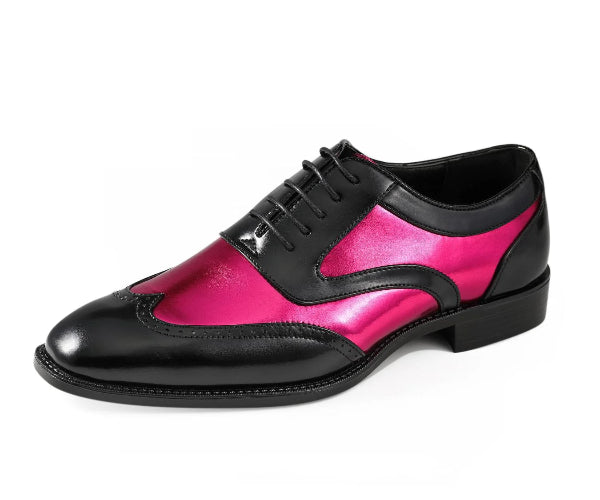 Men’s Oxford dress shoes, metallic Fuchsia dress shoes, men’s spectator shoes, fashion Oxford shoes, prom shoes for men, wedding dress shoes, fuchsia men’s shoes, formal men’s footwear, stylish men’s Oxfords.