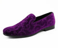 Bryant purple Tuxedo Shoes for men. Velvet smoking slippers with embossed paisley and satin trim for standout elegance at any formal occasion.