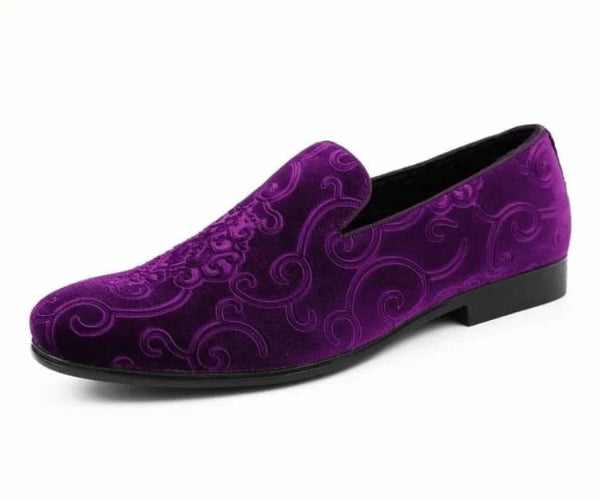 Bryant purple Tuxedo Shoes for men. Velvet smoking slippers with embossed paisley and satin trim for standout elegance at any formal occasion.