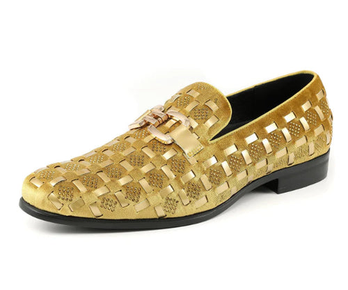 Gold woven loafer shoe on a white background