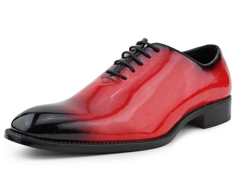Men Dress Shoes-Brayden Red - Make a statement with the Brayden Two‑Tone Exotic Oxford—bold men’s dress shoes with faux‑exotic print, ombre toe, and sleek style for parties and special events.